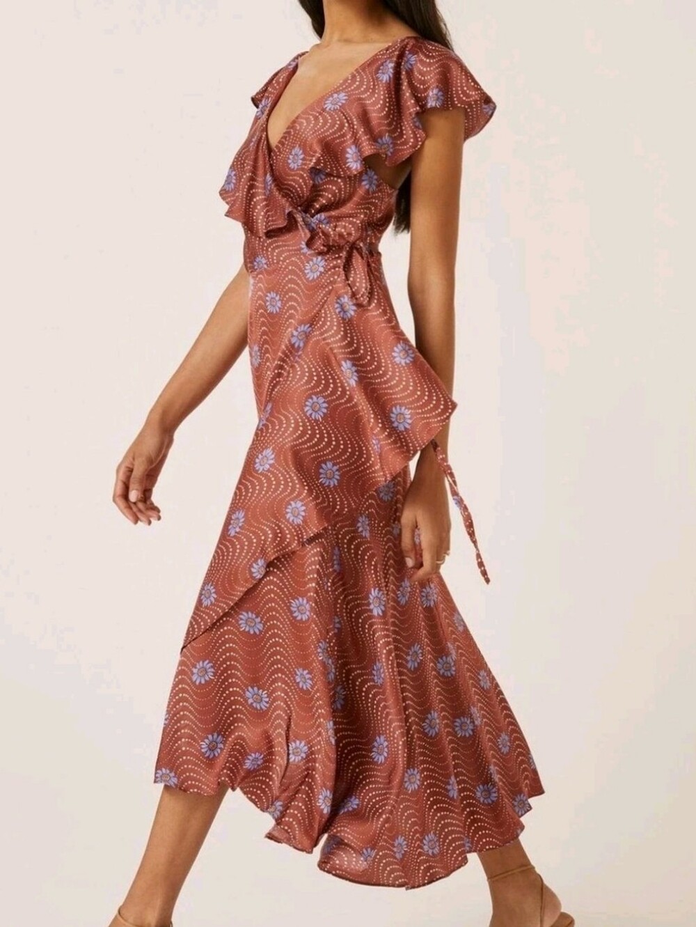 Anthropologie Rust Wrap Ruffled Sleeves Maxi Dress with Lavender Floral Print XS